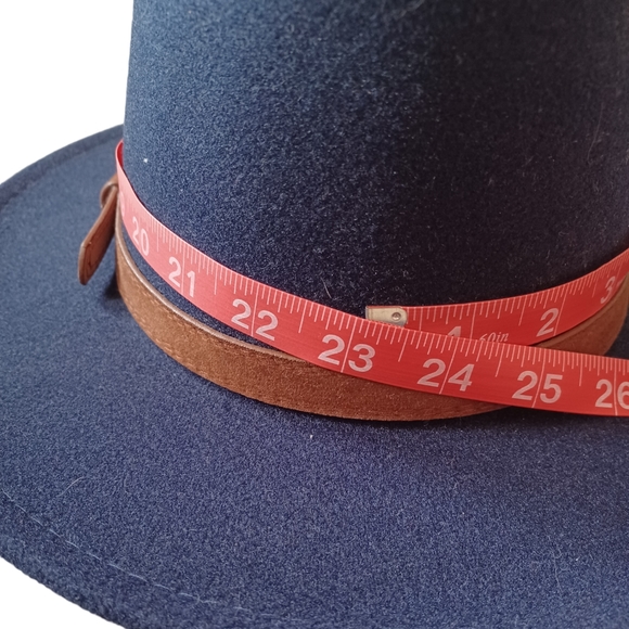 Navy Blue Women's Fedora Brimmed Hat, Brown Strap, Adjustable Size - Picture 10 of 11
